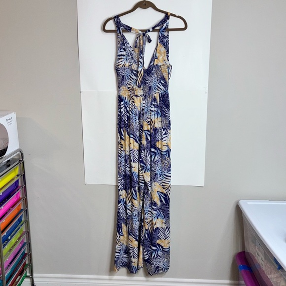 Japna Goa Women’s Small Jumpsuit Tropical Blue Floral Halter Wide Leg Smocked - Picture 13 of 13